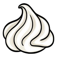 Whimsical vector illustration of a single, stylized meringue swirl, featuring a creamy off-white color palette and bold black outlines, ideal for dessert menus or bakery branding.