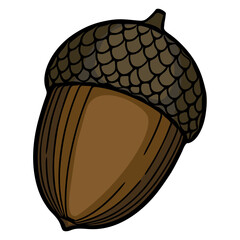 Detailed vector illustration of a single acorn with a textured cap, showcasing autumnal brown hues and a hand-drawn style, perfect for fall-themed designs. © Khrystyna Turchyn