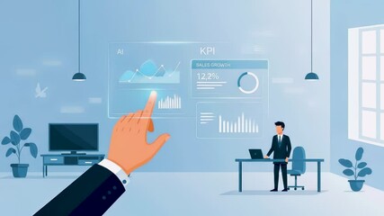 Animated video of business professional using AI-powered KPI dashboard with data analytics, sales growth metrics, and risk indicators for optimizing corporate financial strategy and operations. - Powered by Adobe