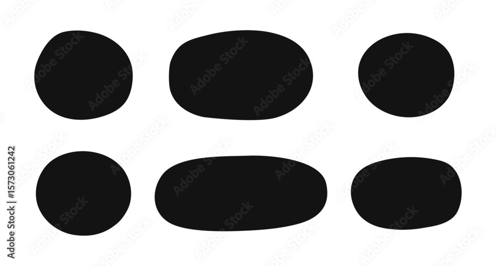 Poster set of abstract hand-drawn black ovals, circles elements. simple organic doodle text box, irregular 