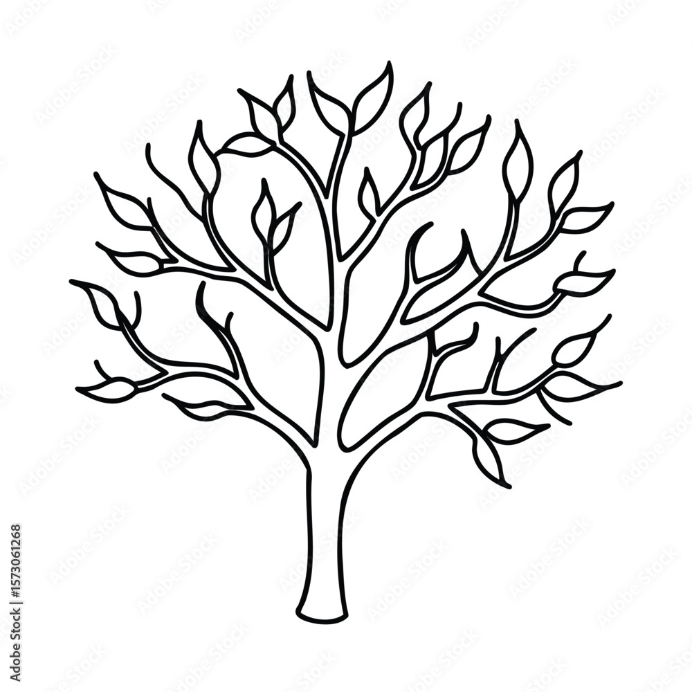 Poster handdrawn tree with leaves on a simple outline branches