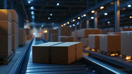 Busy Warehouse Conveyor Belt with Moving Cardboard Boxes in Industrial Distribution Center at Night