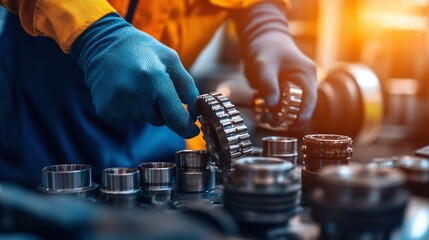 Industrial worker in gloves assembling metal gears in a factory setting with precision and focus, surrounded by machinery and components under bright lighting.