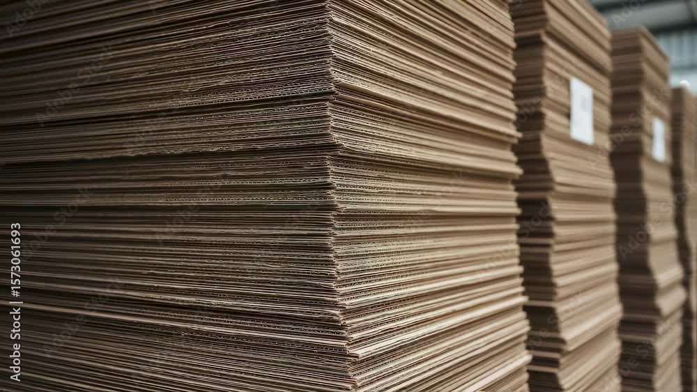 Poster large stacks of cardboard sheets are neatly arranged in a warehouse, creating high walls of packagin