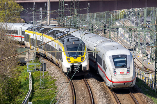 Regional and ICE 4 high-speed train of Deutsche Bahn DB in Stuttgart Untert&uuml;rkheim, Germany