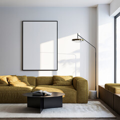Frame mockup, ISO A paper size. Living room wall poster mockup. Interior mockup with house background. Modern interior design. 3D render