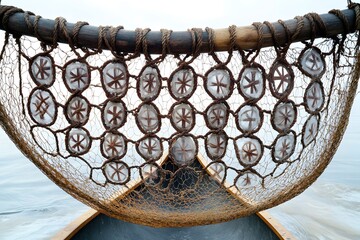 An antique fishing net on a weathered wooden dock with intricate patterns and metal details, reminiscent of ancient Asian architecture