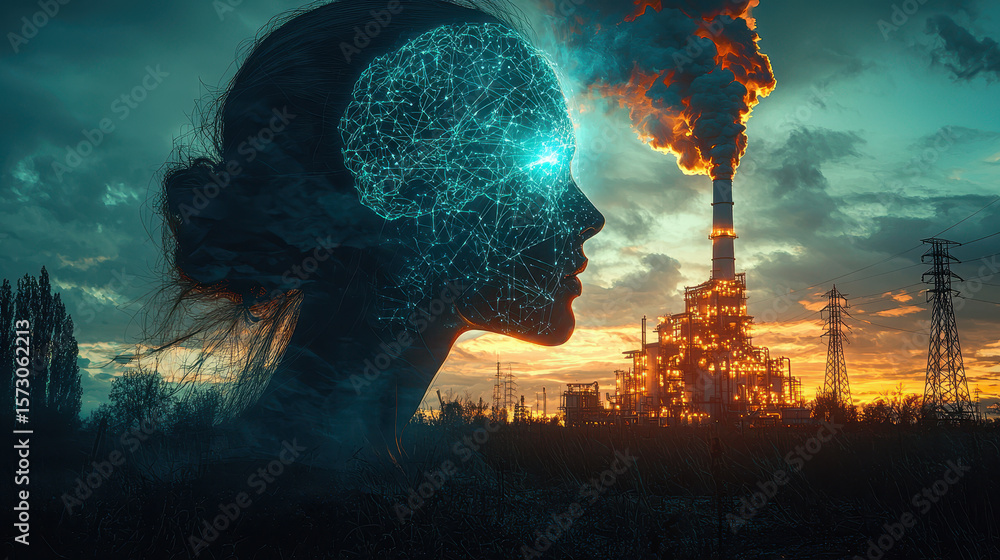 Poster surreal reflection of artificial intelligence and nuclear energy amidst a glowing reactor and electr