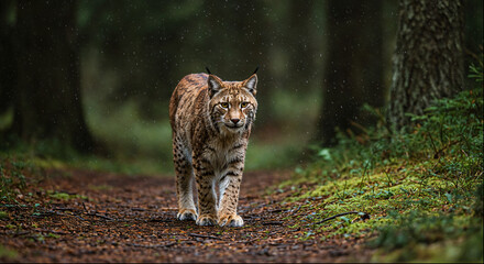 Fototapeta premium Eurasian Lynx Stalking Through the Emerald Forest