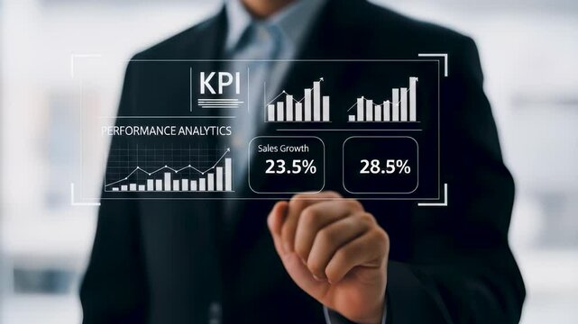 Business professional using KPI dashboard with AI-driven performance analytics, showing sales growth and data insights for strategy financial planning and operational improvement corporate.