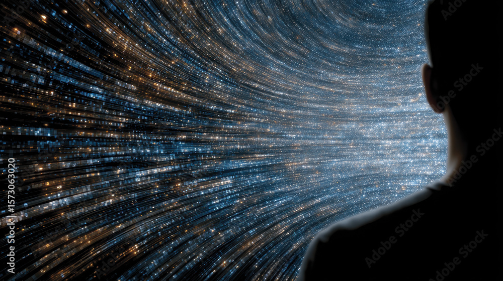 Poster person experiences disorientation in a digital vortex filled with swirling lines and flashing number