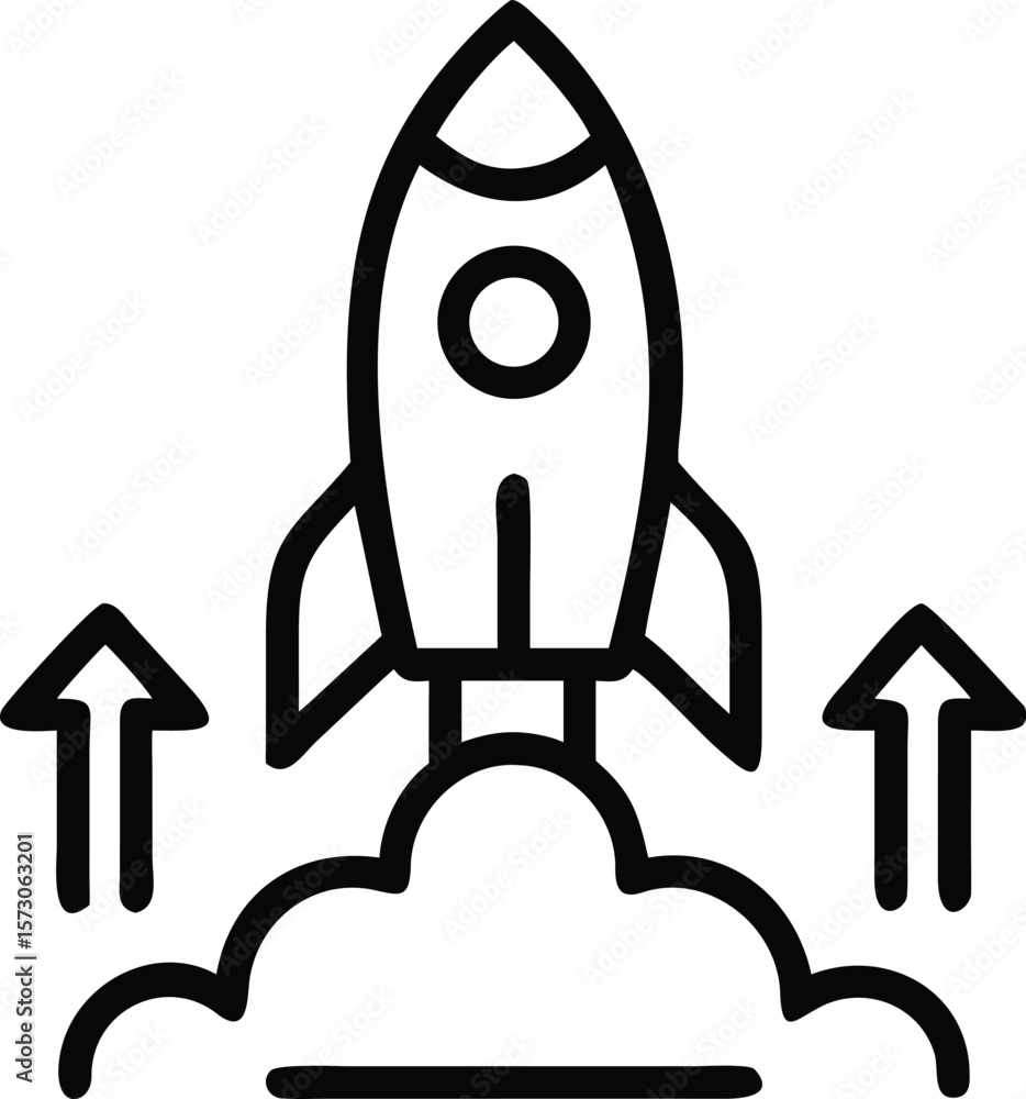 Poster simple outline icon of a rocket ascending into space with a trail