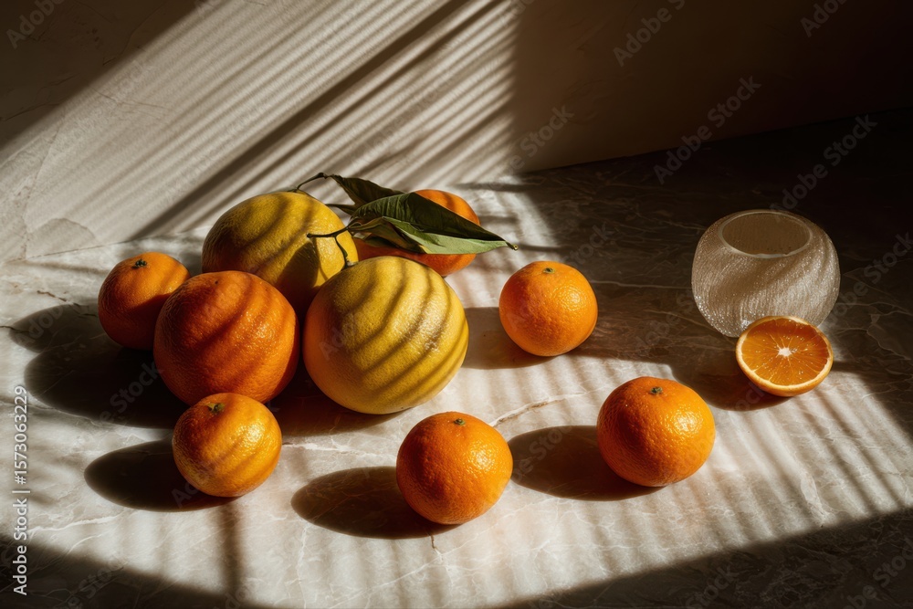 Poster a colorful assortment of oranges and a banana neatly arranged on a table in a flatlay style with sha