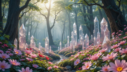 A mystical forest with pink flowers and crystal formations along a stream in a fantasy landscape scene