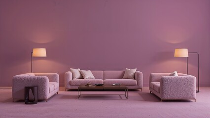 Spacious living room with soft purple background