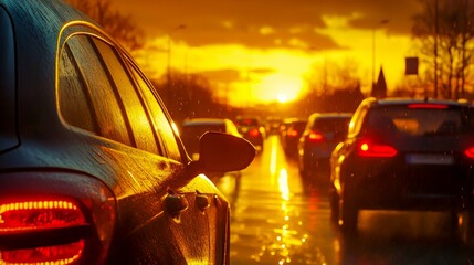 As the sun sets, vibrant golden light filters through the windshield of a car caught in traffic