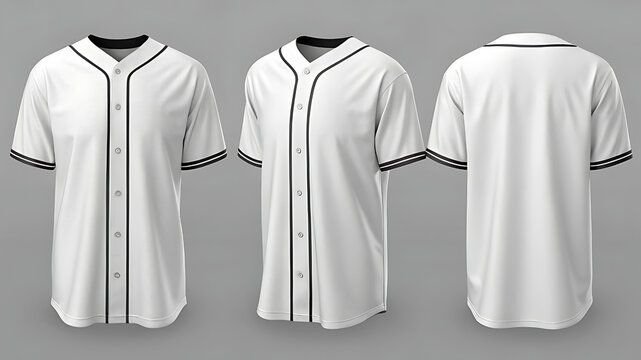 A crisp white baseball jersey mockup showcases its classic design with black piping, presented in a front, side, and back view