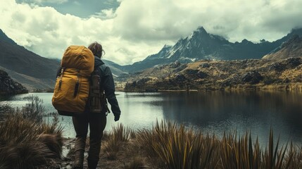 A solitary backpacker commences a journey through the rugged terrain of the mountains, seeking solace and wonder amidst the majestic peaks and serene waters of the valley