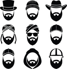 Trendy Beard Silhouettes – Grooming and Style Icon Collection Beard Icon Silhouette Set – Stylish Male Facial Hair Vector Pack