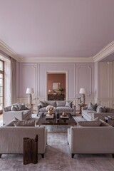 Spacious living room with soft purple background