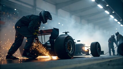 Obraz premium Formula 1 Mechanic Working on Race Car in Pit Garage with Sparks and Team
