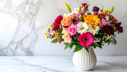 a vibrant arrangement of flowers is displayed in a white, textured vase. the blooms showcase a variety of colors, including pink, red, orange, yellow, and white, with green foliage interspersed