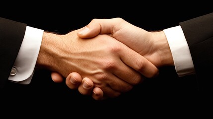 Close-up of a firm handshake between two business professionals against a dark background symbolizing partnership and agreement.