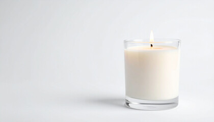 a single lit candle in a glass jar is displayed against a plain background.
