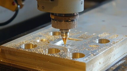 Close-up of CNC Machine Drilling Precision Holes in Metal Plate with Metal Shavings Visible