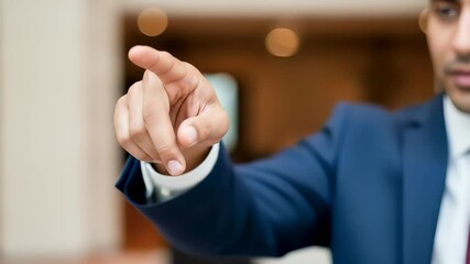 Confident businessman in a formal suit pointing forward, symbolizing leadership, decision-making, future vision, or user interface interaction in a corporate or digital setting. - Powered by Adobe