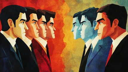 Illustration of Business Team Conflict with Men in Suits Facing Each Other Against a Vibrant Color Background