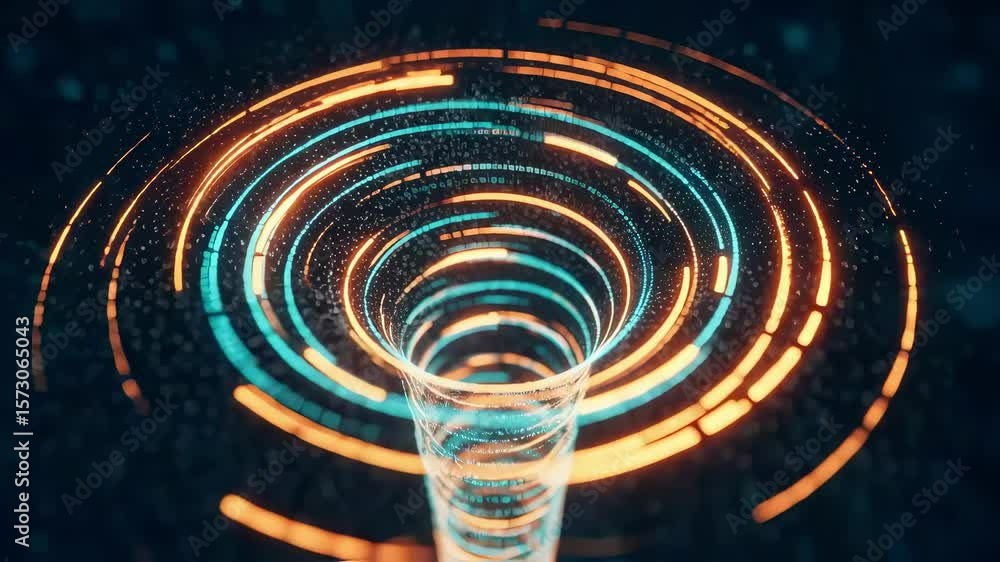 Aufkleber orange and teal particles are rotating and forming a vortex, creating a mesmerizing visual effect ag