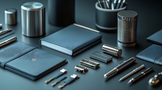 Corporate appreciation gift display with sleek silver money clips business cards pens and branded notebooks perfect for expressing gratitude in a professional setting