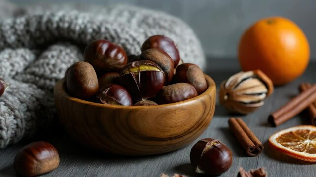 Wooden bowl of chestnuts with orange, cinnamon sticks, and knitted fabric