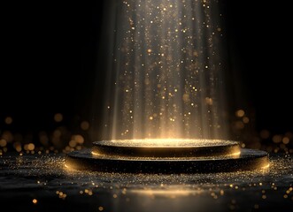 Gold podium with circular frame on a black background for an award ceremony, presentation, or luxury promotion concept. Vector illustration of a golden stage pedestal podium in a round shape,