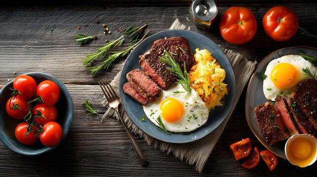 Overhead View of a Hearty Breakfast Grilled Steak, Fried Eggs, and Mashed Potatoes on a Rustic Wooden Table