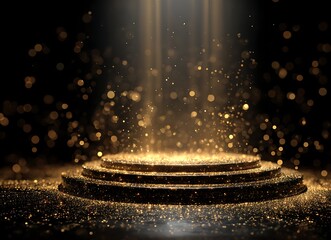 Gold podium with circular frame on a black background for an award ceremony, presentation, or luxury promotion concept. Vector illustration of a golden stage pedestal podium in a round shape,