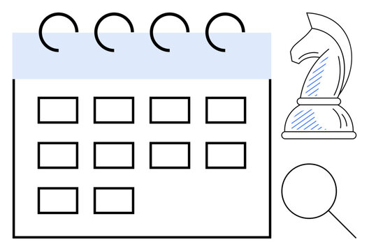 Calendar with grid layout, chess knight symbolizing strategy, and magnifying glass for attention to detail. Ideal for time management, strategy, research, scheduling, critical thinking, business