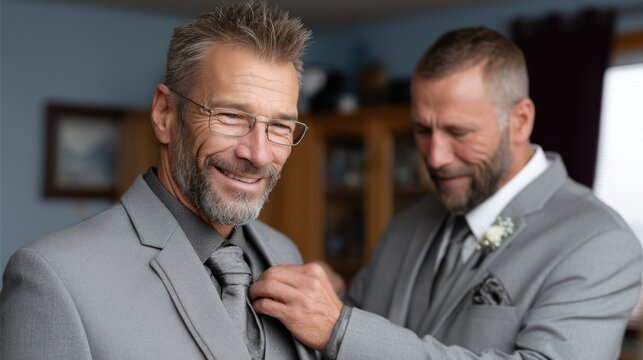 Two men wear elegant gray suits while preparing for a wedding ceremony. One man adjusts the tie of the other in a warm indoor space filled with light and personal touches - Powered by Adobe