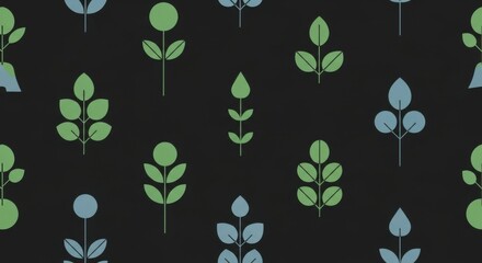 Abstract botanical pattern with repeating minimalist floral motifs in green and blue hues on a dark background