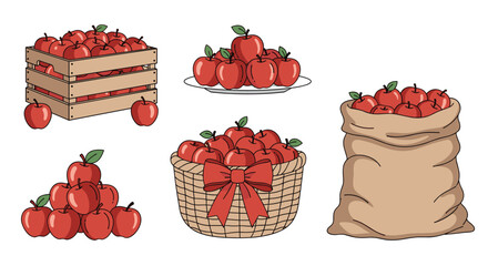 A collection of fresh ripe apples presented in various containers for harvest season celebration
