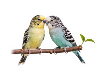 Fototapeta premium Lovebirds Serenade: A tender embrace of two vibrant lovebirds, perched elegantly on a slender branch, their beaks gently touching in a moment of shared affection.