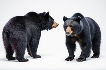 Fototapeta premium Black Bears in Confrontation: The dynamic duo of two robust black bears, their dark fur gleaming against a neutral backdrop, captures a moment of intense gaze.