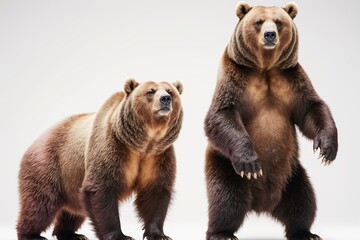 Obraz premium Majestic Bear Duo: Two powerful brown bears stand tall, showcasing their imposing size and captivating gaze against a neutral backdrop. Revealing the raw power and beauty of the wild.