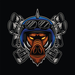 Wild Boar Head in Motorcycle Helmet with Engine Design.
