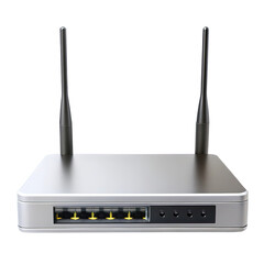 Modern silver wireless router with two antennas and multiple ethernet ports displaying illuminated connections isolated on transparent background