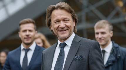 Group of business professionals enjoying a corporate gathering outdoors, dressed in formal attire