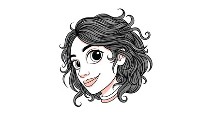 A delightful illustration of a young woman with curly dark hair and expressive eyes smiling softly, showcasing a charming and artistic portrait perfect for various creative projects