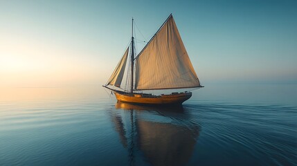 An antique wooden sailboat with cream-colored sails gracefully glides on calm, reflective water under a serene sky, transitioning from a warm sunrise glow to a cool blue. 
