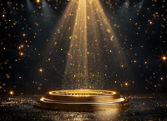 Gold podium with circular frame on a black background for an award ceremony, presentation, or luxury promotion concept. Vector illustration of a golden stage pedestal podium in a round shape,